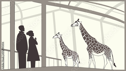 Silhouette of Couple Observing Giraffes in Enclosure Zoo Illustration Vector Graphic.