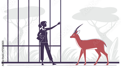 Zookeeper observing antelope in enclosure wildlife conservation animal care vector illustration.
