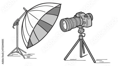 Studio Photography Setup DSLR Camera on Tripod with Lighting Umbrella Illustration.