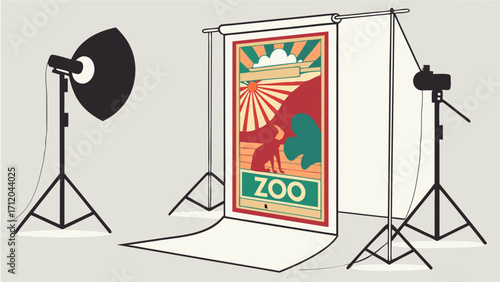 Studio Photography Setup with Backdrop and Lighting Equipment.