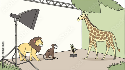 Studio photoshoot with african animals lion giraffe monkey jungle theme cartoon illustration.