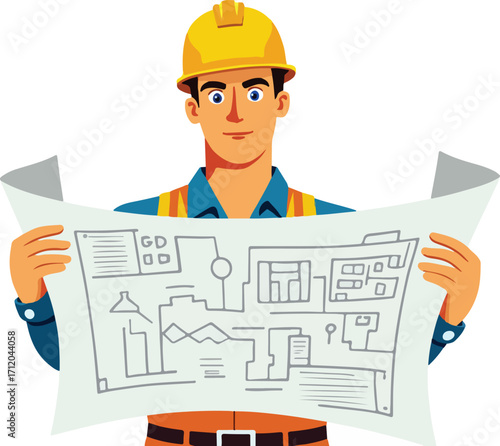 Cartoon Construction Worker Reading Blueprints