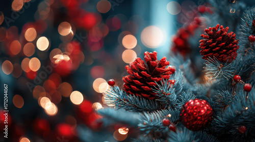 Christmas backgroundr: Festive decorations adorn the evergreen branches of a Christmas tree. The scene is aglow with warmth.