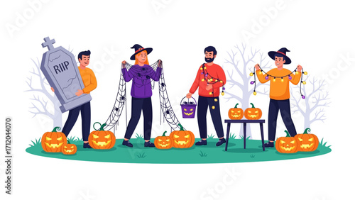 Halloween Preparation: a group of individuals in festive attire busily preparing for Halloween, decorating pumpkins with creative flair in a whimsical setting.