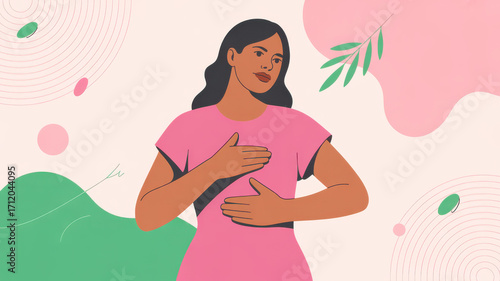 Modern Illustration of Woman in Pink Dress Self-Exam for Breast Cancer Awareness