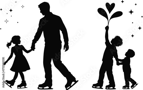 Family ice skating silhouette, parent and children skating, winter activity vector, kids holding hands, holiday illustration, seasonal fun design