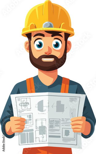 Cartoon Construction Worker Reading Blueprints