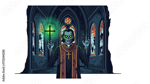 Sinister Sermon in the Chapel: An eerie illustration depicts a skeletal priest, radiating an ominous aura, holding a glowing cross within a shadowy chapel.