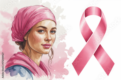Watercolor Portrait of Woman in Headscarf with Ribbon for Breast Cancer Awareness