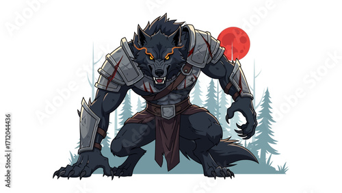Werewolf Illustration: A fearsome werewolf crouches in anticipation under a crimson moon, showcasing the creature's monstrous form, intense gaze, and detailed design.