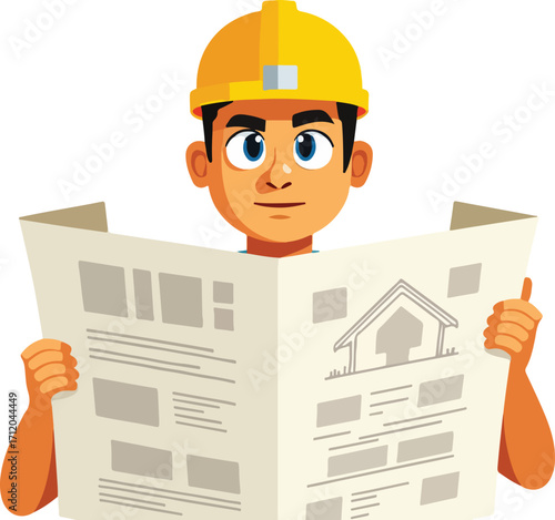 Cartoon Construction Worker Reading Blueprints