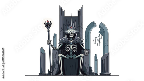 Sinister Throne: A skeletal king, crowned in darkness, sits upon a grand, decaying throne, grasping a scepter, a foreboding symbol of power.