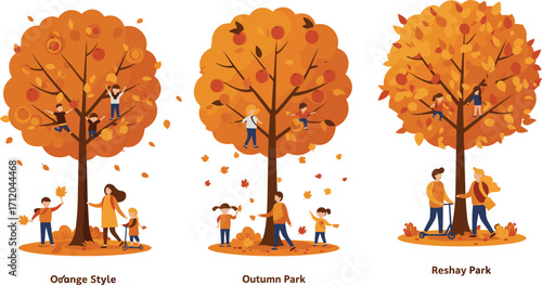 Autumn park scene with children playing on orange trees, family walking, kids jumping in leaves, fall season fun, vector illustration