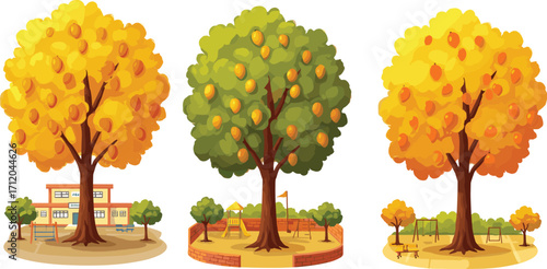 Autumn trees, schoolyard scene, playground area, park setting, yellow leaves, orange foliage, seasonal change, urban nature, community space, fall landscape