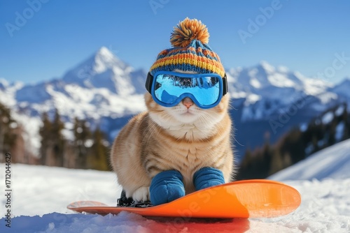 A cat with a hat and goggles on a snowboard in a snowy mountain landscape on a bright sunny day