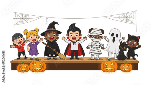Halloween Extravaganza: A charming collection of children in vibrant costumes, and a black cat, each embodying the spirit of Halloween, with pumpkins set the stage.