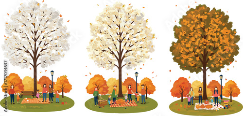 Autumn park scene, seasonal foliage, people relaxing, fall picnic, orange trees, nature landscape, outdoor leisure, falling leaves, autumn vibes, peaceful moment