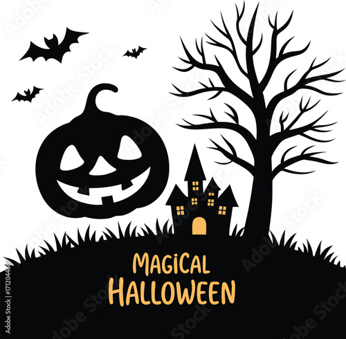 Vector art of spooky halloween scene with a jackolantern, haunted house, bare tree, bats, and grass
