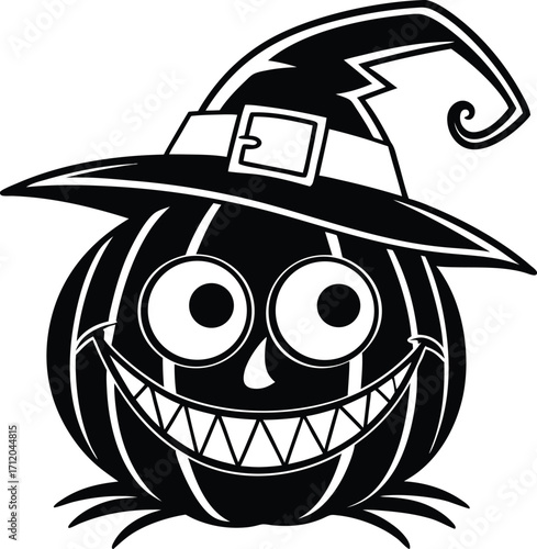 Vector art of a cartoon illustration of a grinning pumpkin wearing a witch hat