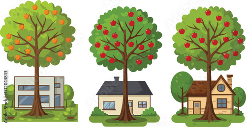 Cartoon tree illustration, fruit trees, modern house, cottage home, chimney roof, garden landscape, green foliage, red fruit, orange fruit, nature