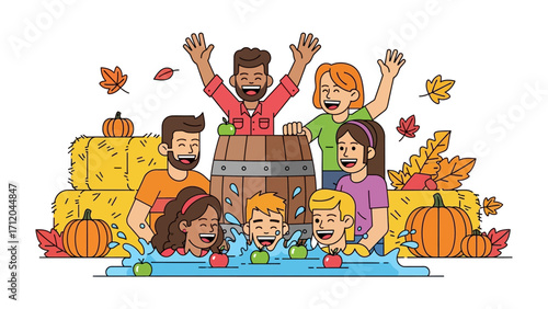 Autumn Fun: A cheerful group of friends and family engage in traditional autumn activities, including bobbing for apples, a celebratory scene filled with joy and seasonal charm. 