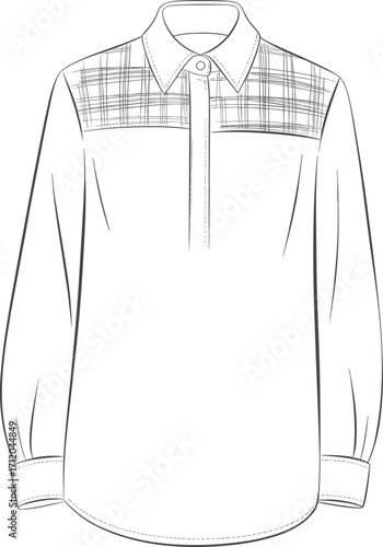 Women’s blouse vector, fashion flat sketch, long sleeve shirt design, button front blouse template, garment outline drawing, apparel fashion illustration