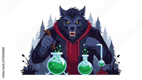 Mystical Experiment: A captivating illustration presents a werewolf engrossed in a mysterious alchemical experiment. Glowing green potions bubble within glass beakers.