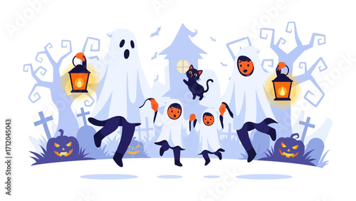 Happy Halloween: A spooky yet charming Halloween scene unfolds, complete with playful ghosts, jack-o'-lanterns, and festive decorations, inviting a sense of delight and merriment.