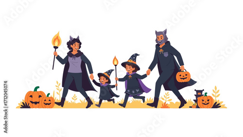 Halloween Family Outing: A family dressed in costumes sets out to trick or treat, carrying torches, their faces alight with delight as they embark on their Halloween adventure.