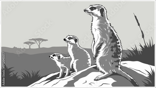 Three meerkats on a rock monochrome wildlife illustration African savanna landscape background.