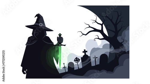 Mystical Night: An atmospheric illustration depicts a cloaked figure in a whimsical graveyard, an owl, graves, and ominous tree under the crescent moon.
