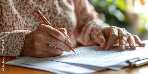 An elderly person sitting at a desk, writing on paper with a pen. The image suggests focus and attention to the task.