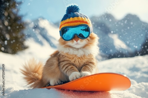 A ginger cat with ski goggles and a hat sitting on a snowboard in a snowy mountain landscape