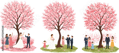 Cherry blossom wedding, spring ceremony, family life, love celebration, blooming trees, romantic moment, seasonal nature, joyful event, life journey, togetherness