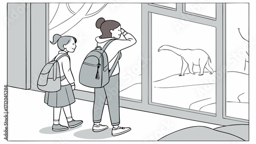 Two girls looking at an animal through a window.