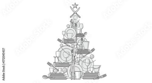 Festive Christmas table setting design with plates cutlery and glasses arranged in a Christmas tree shape for holiday celebrations, Generative AI.