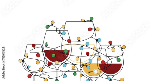 Festive wine glasses tangled in colorful Christmas lights create a fun holiday mood for celebrations and parties with friends and family, Generative AI.