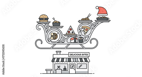 Festive food delivery sleigh from Delicious Bites restaurant for Christmas celebrations ready to deliver holiday cheer with pizza sushi and burger, Generative AI.