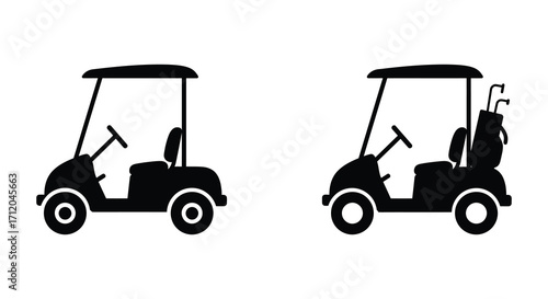 Two black silhouettes of golf carts on a white background