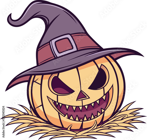 Vector art of scary jackolantern with a witch hat sitting on dry grass, perfect for halloween decorations and spooky themes