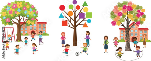Children playing outdoors, school building background, colorful trees, supervised activities, joyful kids, early education, playground fun, vibrant illustration