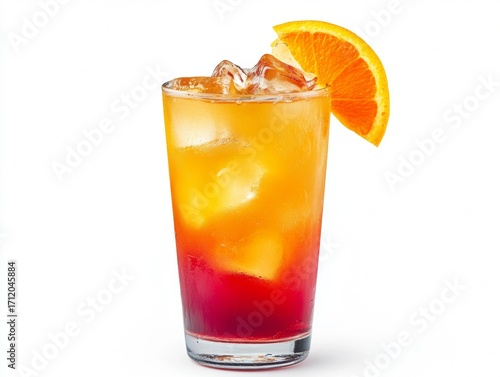 Sweet and fruity cocktail with ice and orange garnish.