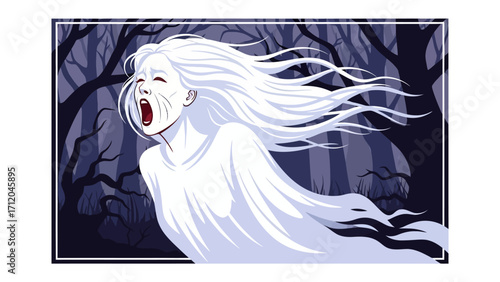 Ethereal Scream: An artistic illustration of a spectral figure with flowing white hair, a haunting expression, and a scream against a backdrop of a dark, dense forest.
