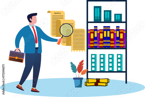 Businessman using magnifying glass to analyze budget, income tax or expense on long invoice receipt paper. Paying bills