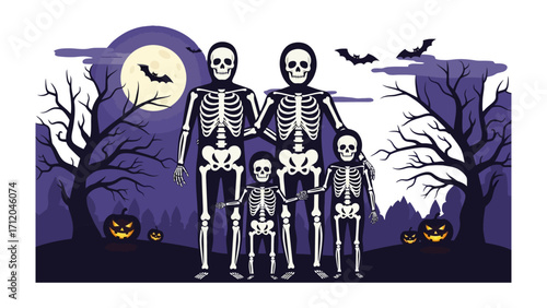 Spooky Family: An eerie family portrait of skeletons standing proudly against a surreal, dark background, a perfect emblem of spooky season.