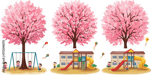 Children playing under cherry blossom trees, spring playground scene, colorful outdoor activity, schoolyard fun, cheerful kids, kite flying, seasonal nature joy