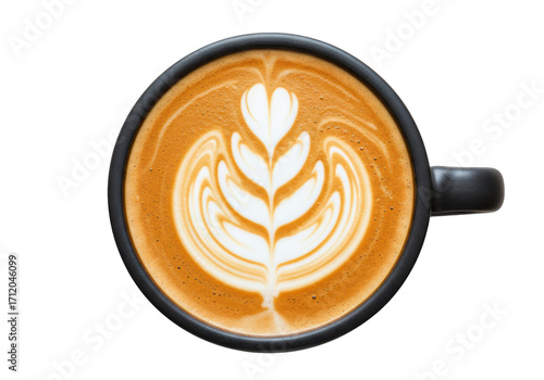 Isolated Cup of Coffee with Latte Art Design on a Table Top Looking Down View