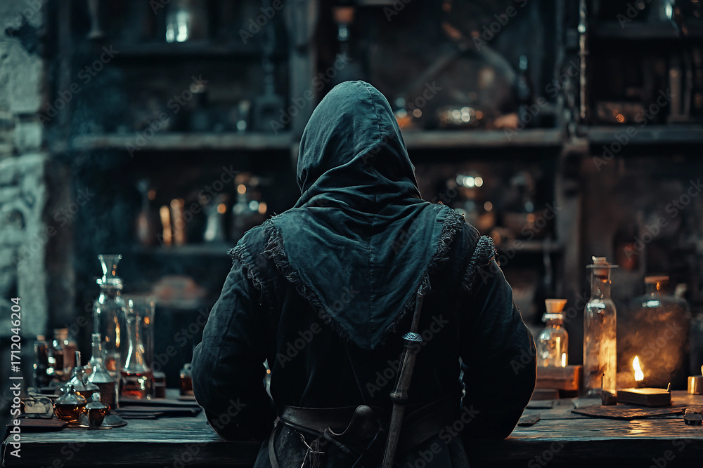 Obraz premium Closeup of intense male alchemist surrounded by potion bottles in dim candlelight laboratory scene, fantasy, generative ai
