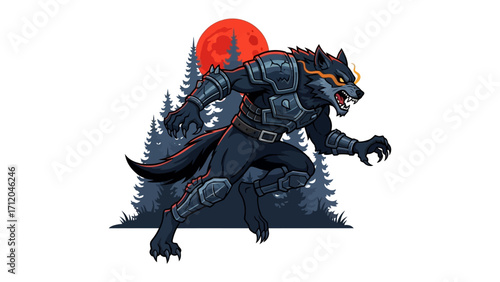Werewolf's Lunar Ascent: A fierce werewolf, animated by the mystical glow of a crimson moon, surges forward against a backdrop of hauntingly silhouetted pine trees.