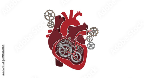 Intricate heart mechanism illustration with gears for a modern technological feel in medical and engineering contexts representing innovation in healthcare, Generative AI.